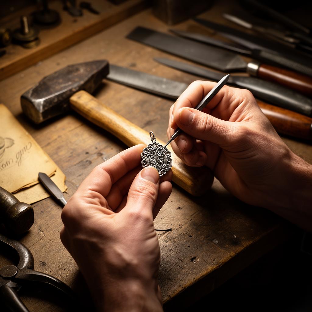 Hands crafting a silver pendant on a wooden workbench