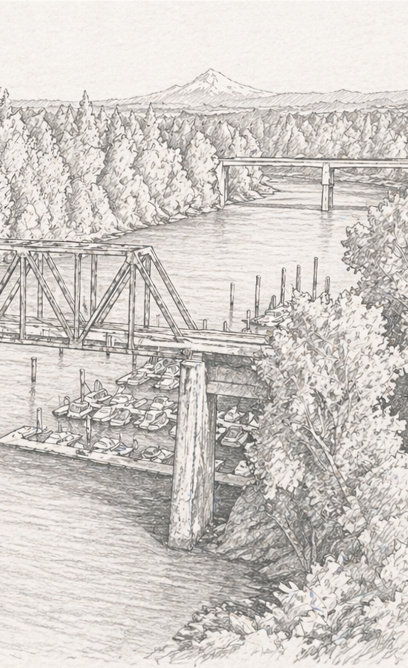 Willamette River with Mount Hood — pencil illustration
